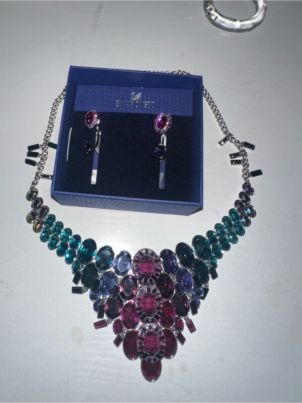 Swarovski Teal Purple Pink Crystal Bib Necklace with Matching Earrings